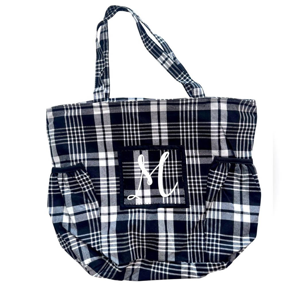 Black & White Plaid Monogrammed M Zipper Shoulder Bag Purse Tote